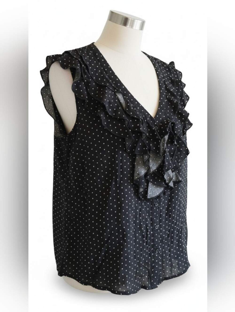 Sunny Leigh Black Polka Dot Ruffle Sleeveless Blouse SZ 1X